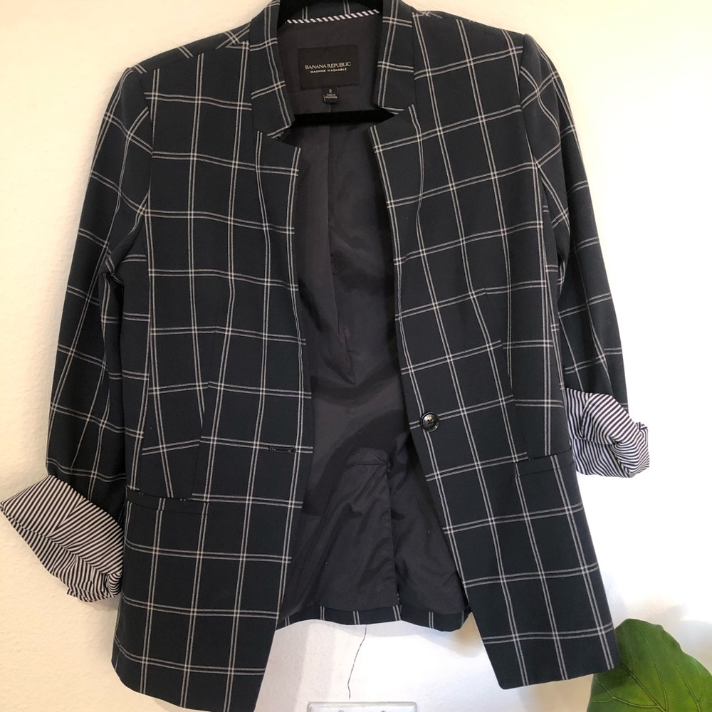 Banana Republic Washable Navy Plaid Blazer 2